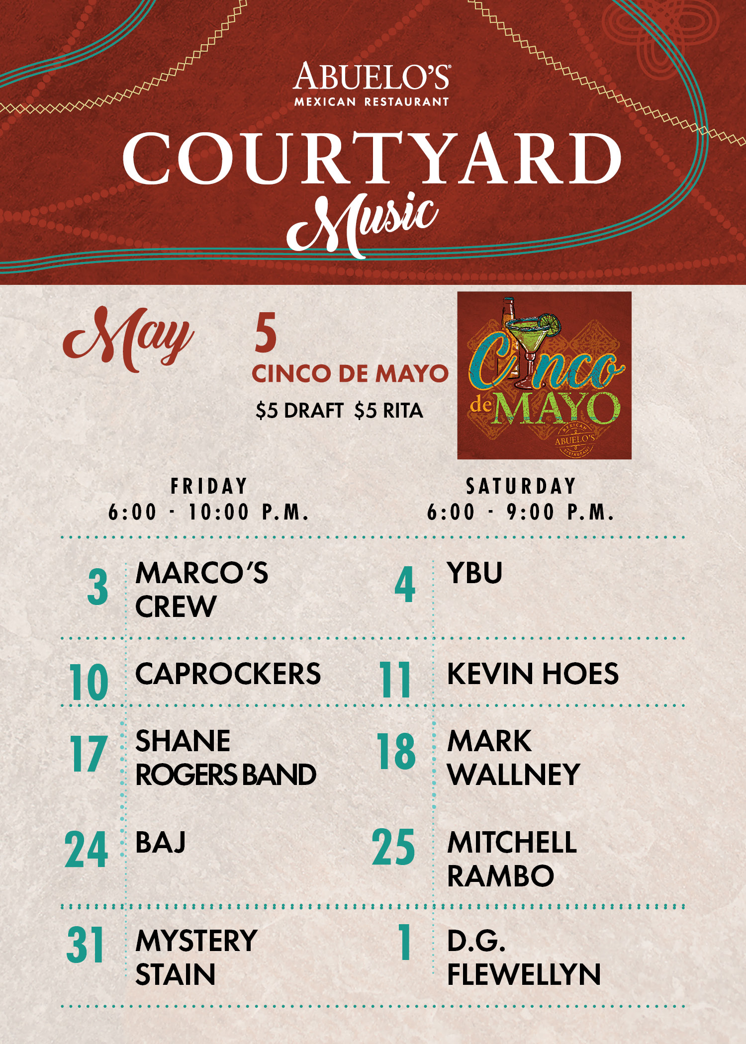 Abuelo's Live Music in the Courtyard, May schedule.