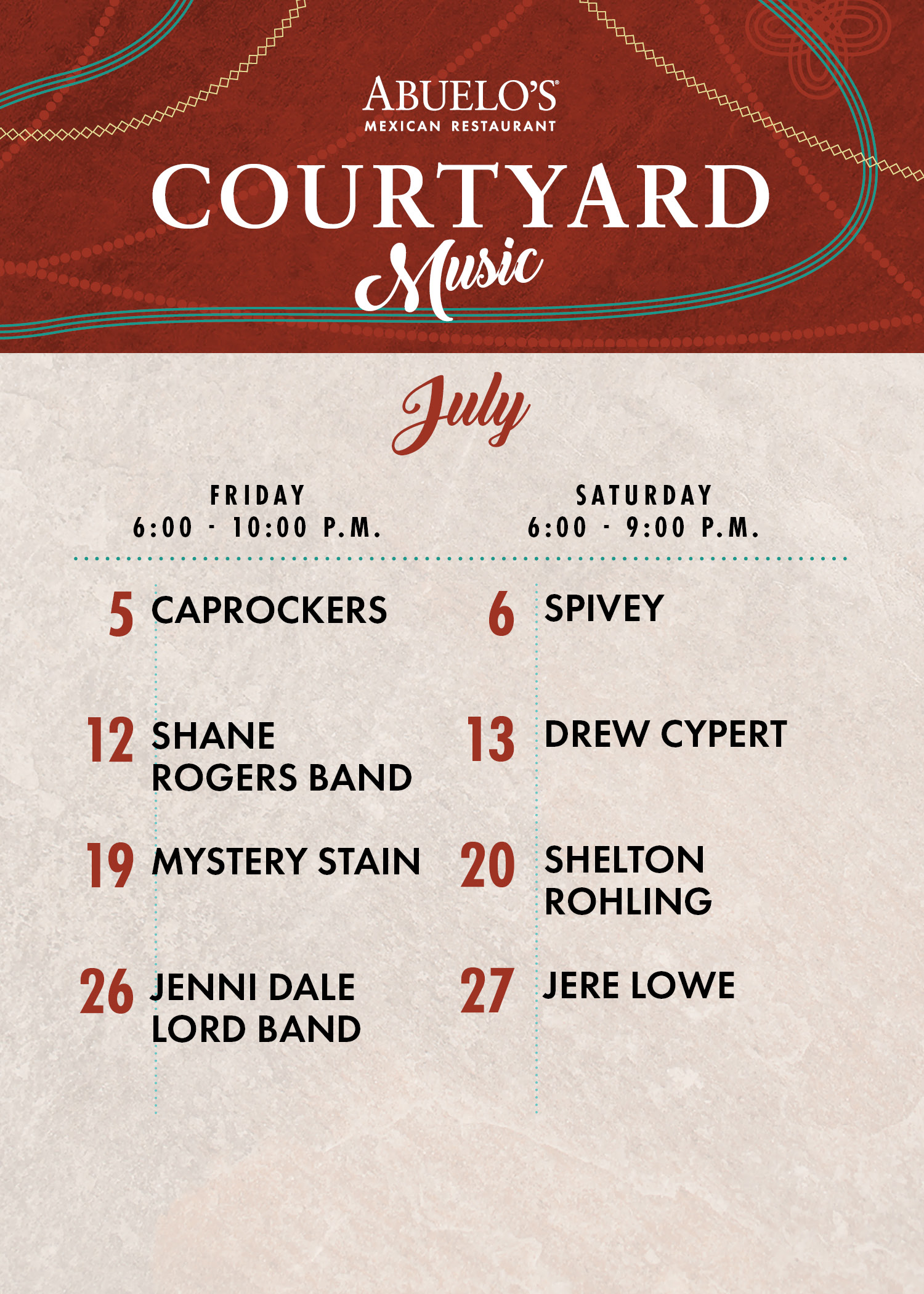 Abuelo's Live Music in the Courtyard, July schedule.