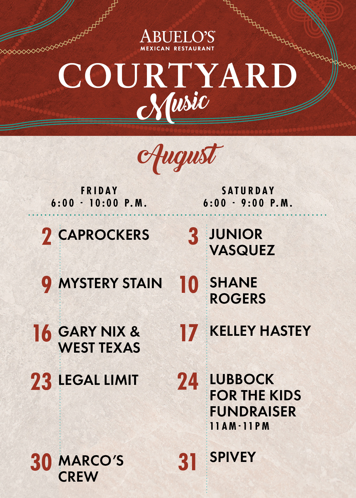 Abuelo's Live Music in the Courtyard, August schedule.