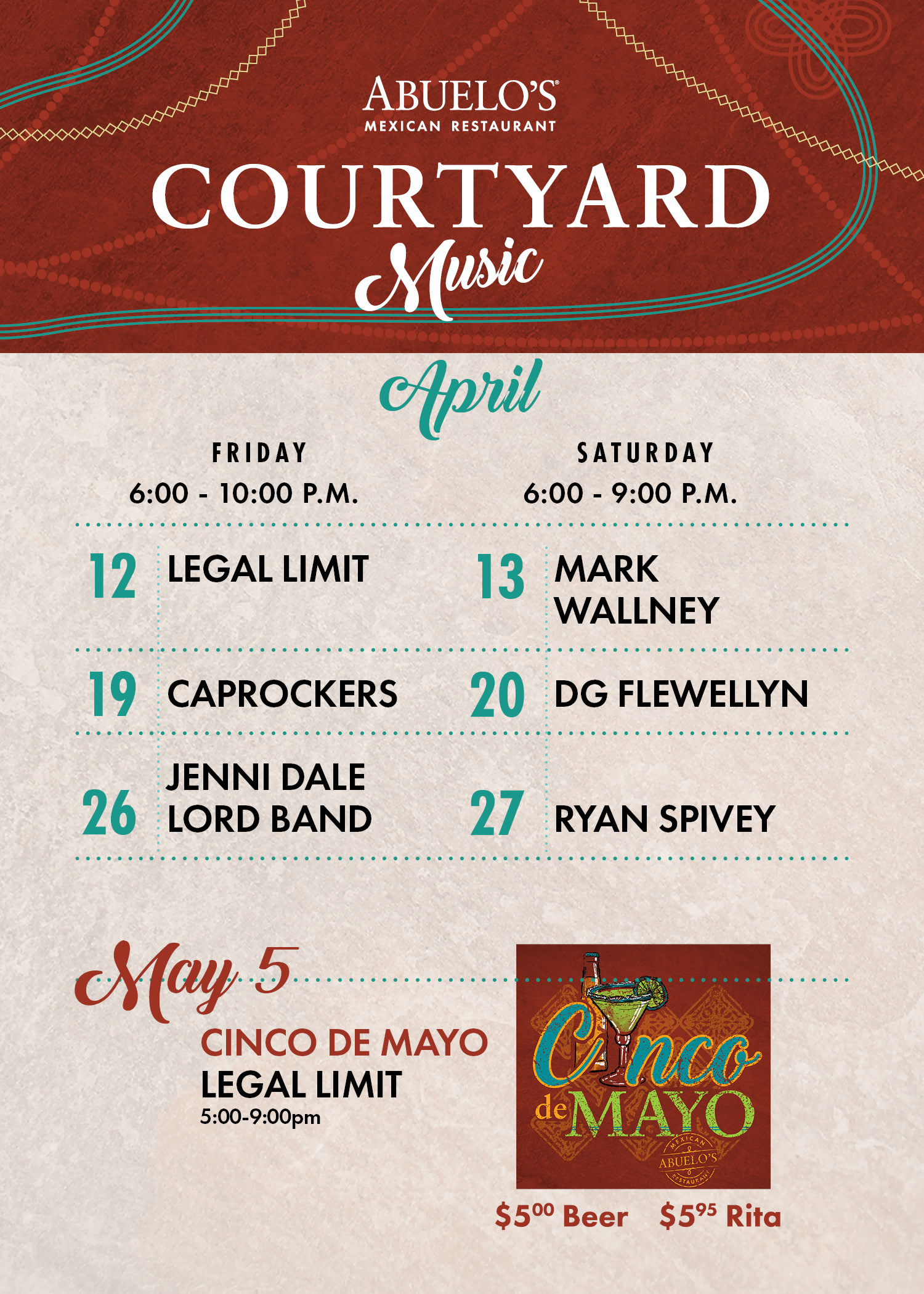 Abuelo's Live Music in the Courtyard, April schedule.