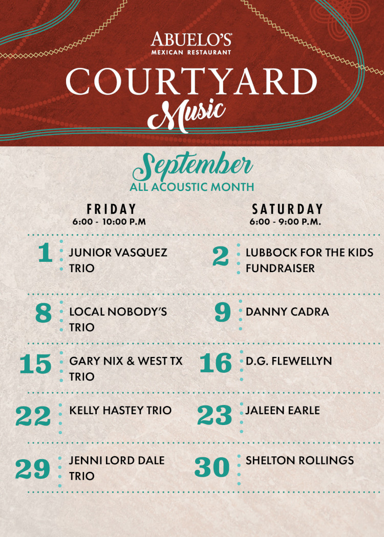 Abuelo's Live Music in the Courtyard, September schedule.